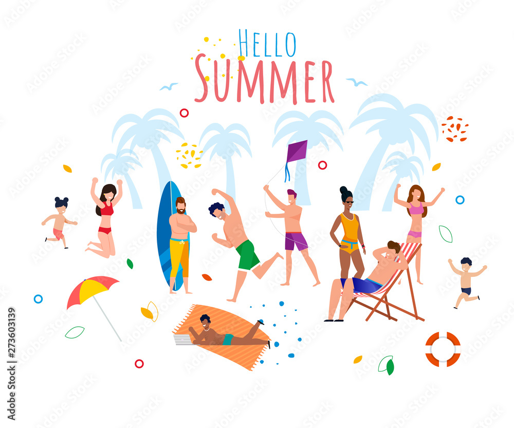 Hello Summer Greeting Banner with Resting People Hello Summer Greeting Banner with Resting People