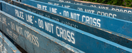 Police line do not cross background, NYPD. Manhattan, New York