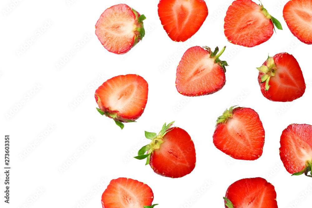 Sliced strawberry isolated on white background. Top view