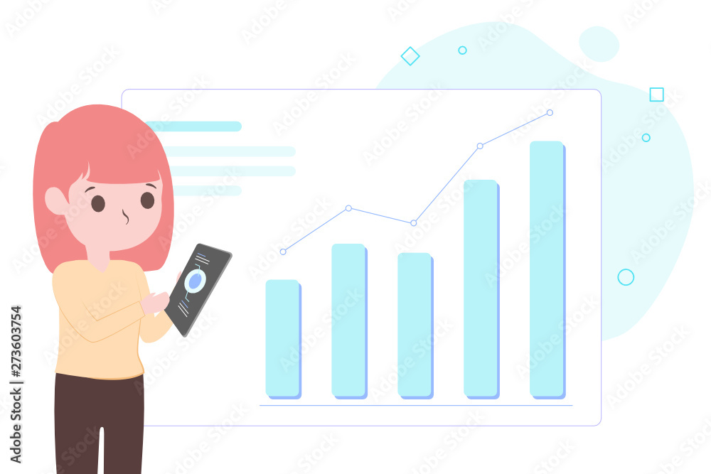 A cute young girl touching tablet and looking at graph chart, cartoon character in colourful pastel flat style. Use for graphic element resources, book, content and print. A cute young girl touching tablet and looking at graph chart, cartoon character in colourful pastel flat style. Use for graphic element resources, book, content and print.