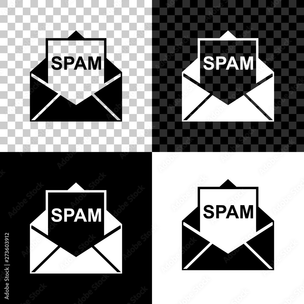 Envelope with spam icon isolated on black, white and transparent background. Concept of virus, piracy, hacking and security. Vector Illustration Envelope with spam icon isolated on black, white and transparent background. Concept of virus, piracy, hacking and security. Vector Illustration