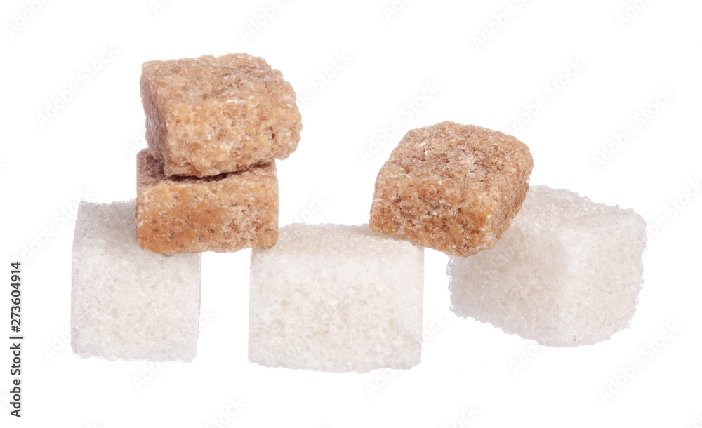White refined sugar and brown unrefined sugar cubes