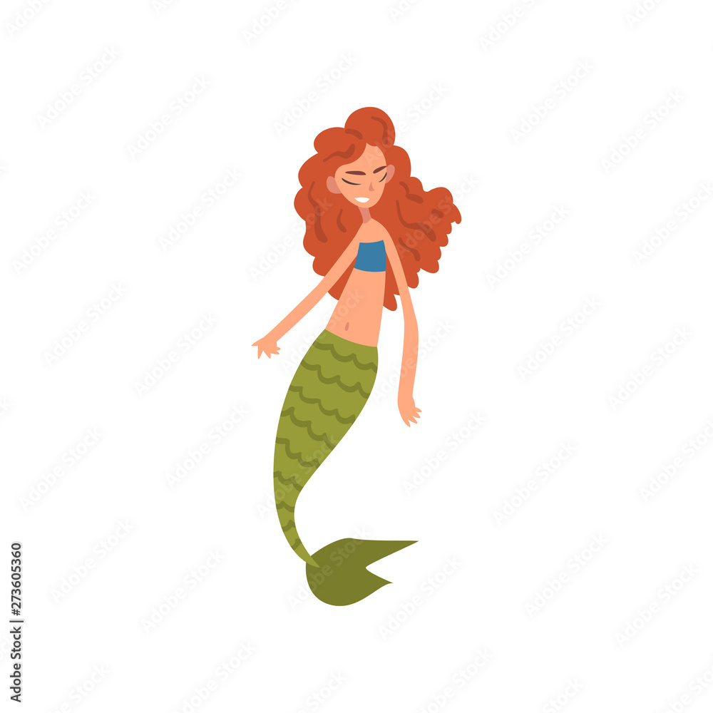 Cute Little Red Haired Mermaid with Green Tail, Fairytale Mythical Creature Cartoon Character Vector Illustration