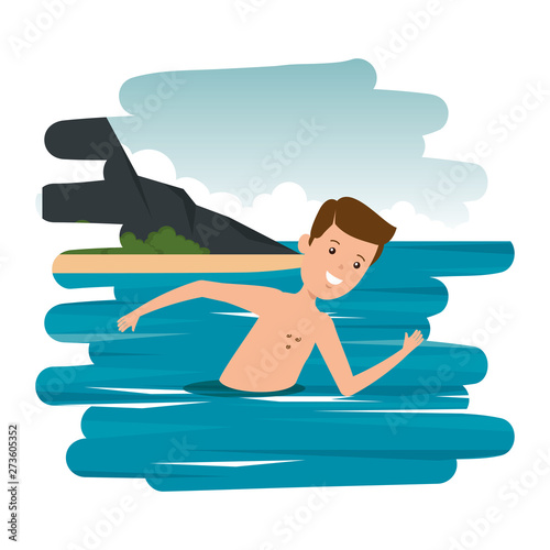 young boy shirtless swiming in the sea
