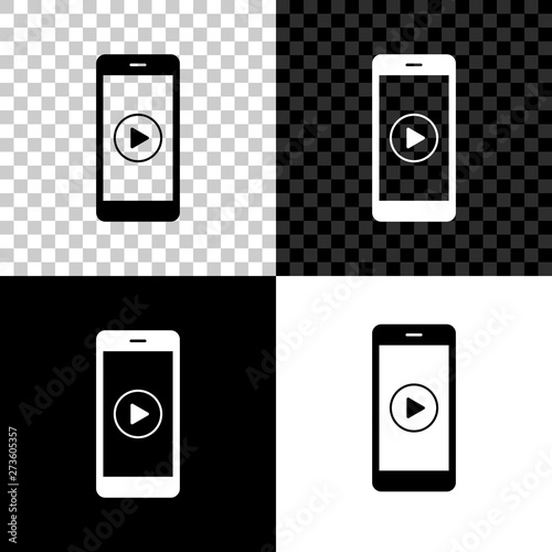Smartphone with play button on the screen icon isolated on black, white and transparent background. Vector Illustration