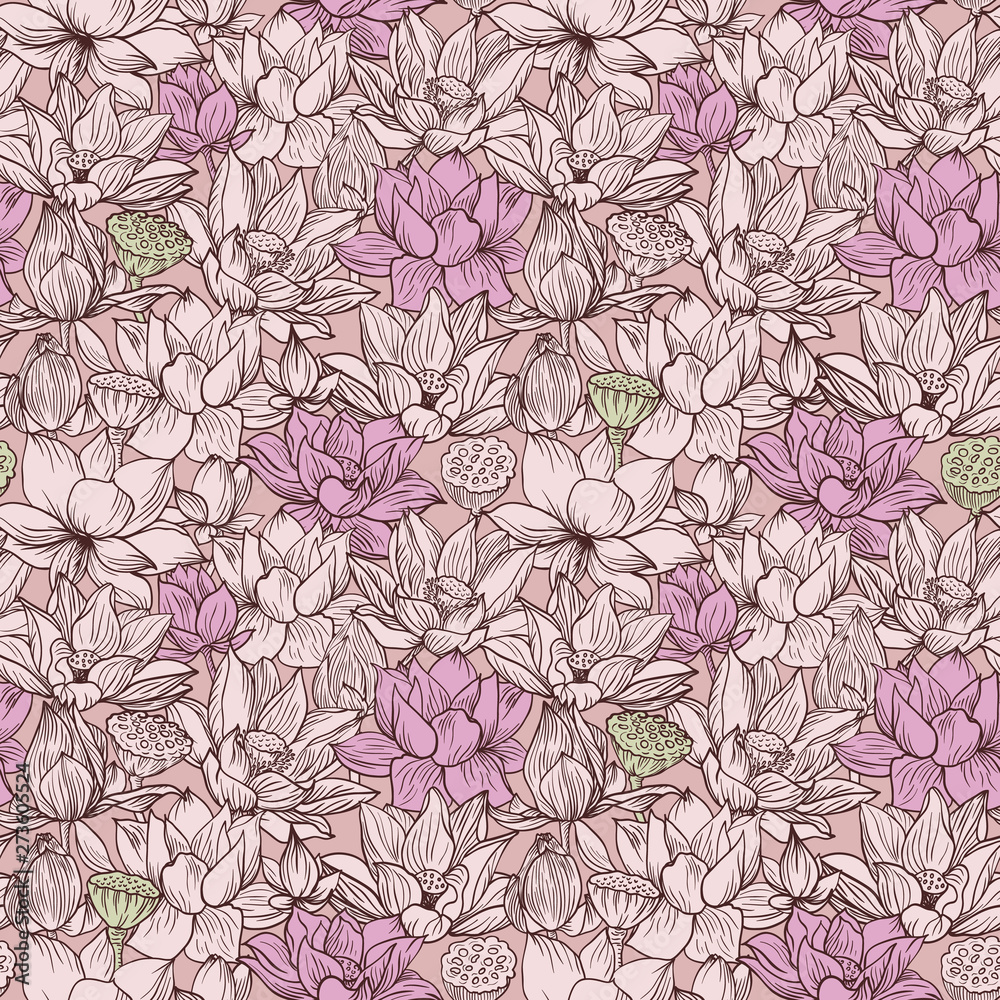Lotus pattern, line pink floral ornament. Seamless background. Hand drawn illustration in vintage style