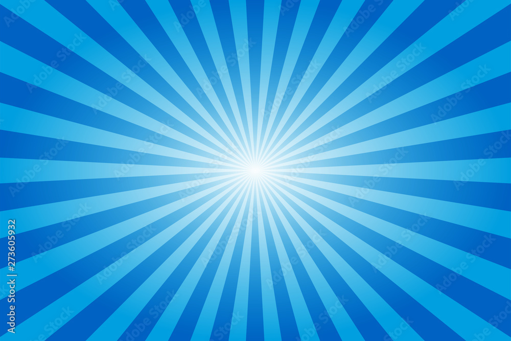 Sunburst retro sun rays blue background. Abstract summer sunny. Vintage radial texture. Vivid color.