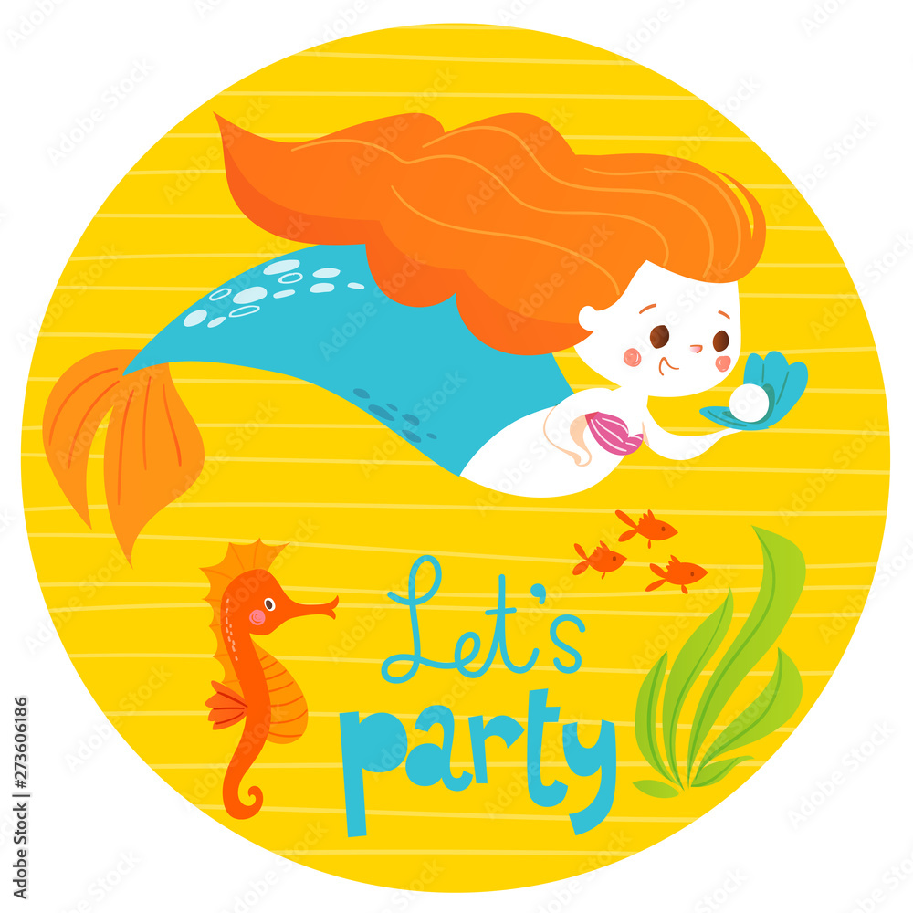 Cartoon style vector summer design with cute mermaid girl and sea fish 