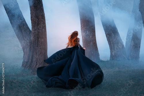 Canvas Print black widow in a long dark silk lace dress, a girl with gorgeous light red hair