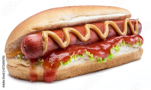 Fotografiet Hot dog - grilled sausage in a bun with sauces isolated on white background