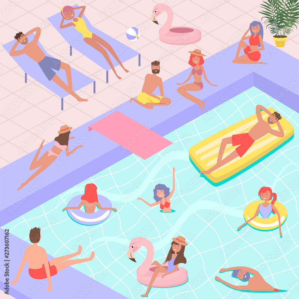 Summer swiming pool concept. Different scenes of people around the pool. People relax by the pool, sunbathe, swiming.  Editable vector illustration.