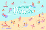 Summer beach concept. Different scenes of people on the beach. People relax on the beach, sunbathe, play sports and yoga, swiming in the sea, ride the surf. Editable vector illustration.