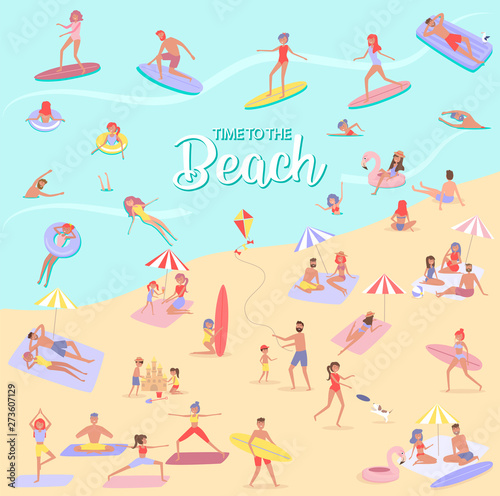 Summer beach concept. Different scenes of people on the beach. People relax on the beach, sunbathe, play sports and yoga, swiming in the sea, ride the surf. Editable vector illustration.