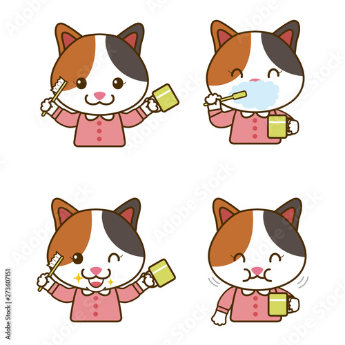 歯磨きをする子供の猫
