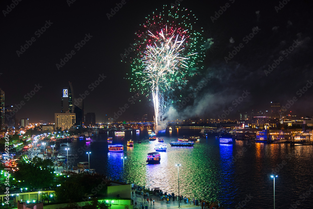 Fireworks over Dubai creek in Deira to celebrate the end of Ramadan in Dubai