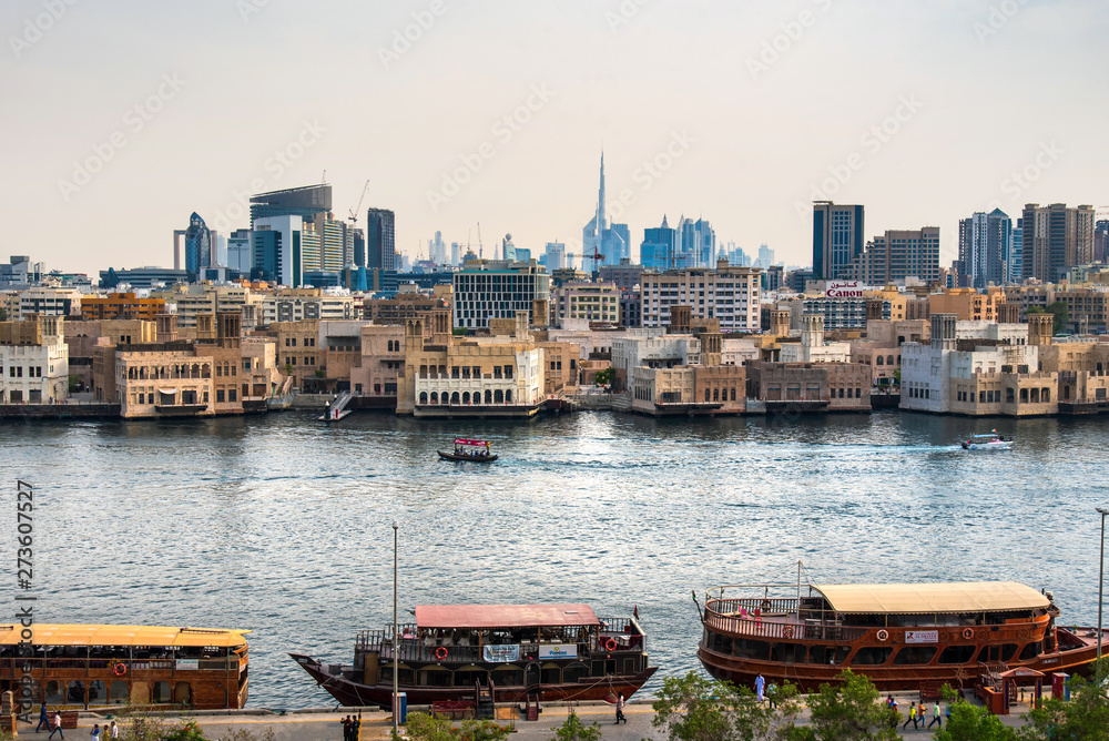 Dubai modern skyline view from the creek in Deira in United Arab Emirates