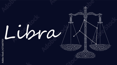 Libra Zodiac sign constellation vector. Horoscope sign constellation stars. Abstract crystal space dark sky background with dots stars. Vector Astrology silhouette libra illustration white symbol