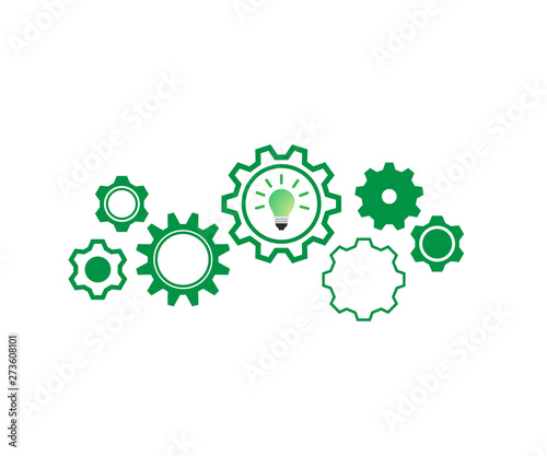 green gear wheels with green light bulb symbolizing idea.Gear vector icon. Web design icon. Gears and cogs symbol. 