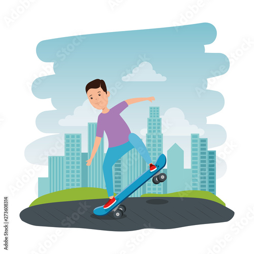 happy young boy in skateboard on the park scene