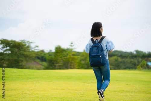 Young girl hipster backpack women travelling looking at beautiful sky mountains scenery views 