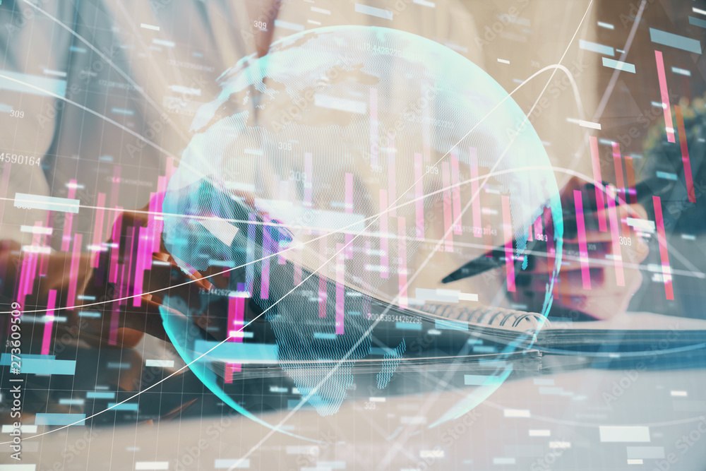 Fototapeta premium Financial chart drawn over hands taking notes background. Concept of research. Multi exposure