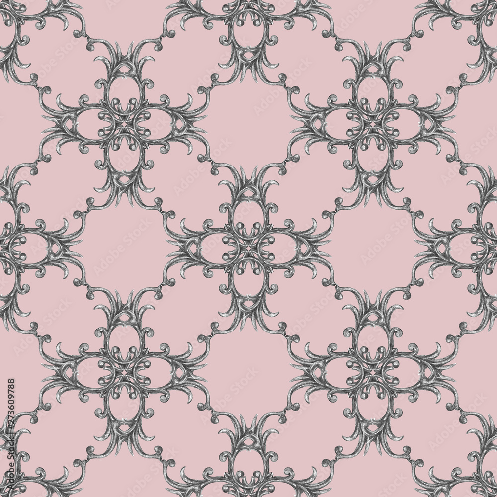 Baroque silver elements ornamental seamless pattern. Watercolor hand drawn gold element texture on pink background.