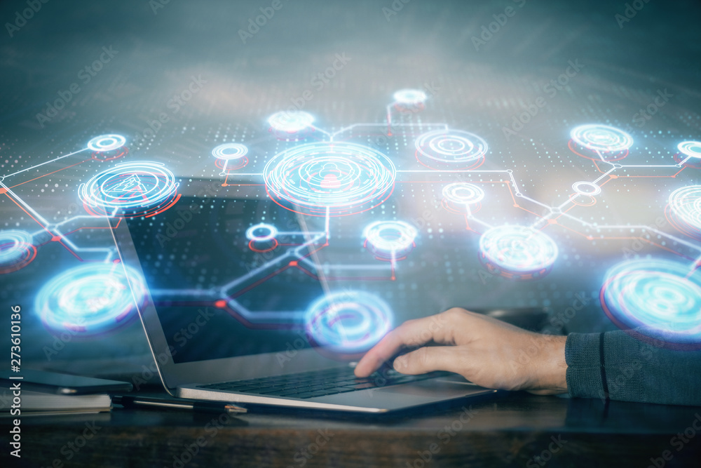 Social network theme hologram with businessman working on computer on background. Concept of world wide web. Multi exposure. Social network theme hologram with businessman working on computer on background. Concept of world wide web. Multi exposure.