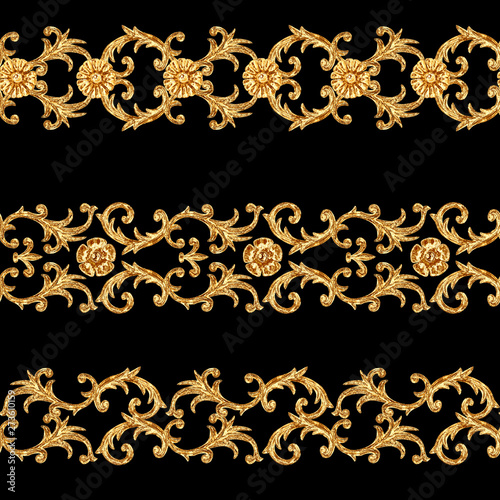 Baroque style golden ornamental segments seamless pattern. Hand drawn gold border frame