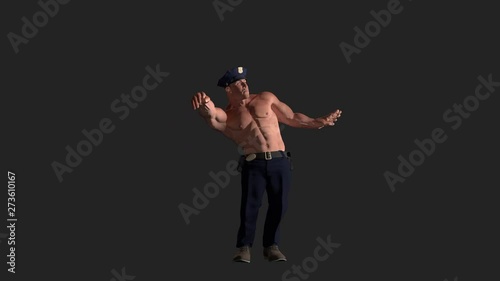 Shirtless sexy muscular Chippendale policeman dancing. 3D Character with Alpha included photo