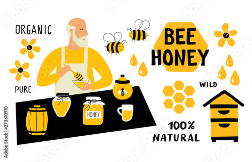 Bee honey funny doodle set. Beekeeper, apiculture, food market seller. Cute cartoon hand drawn vector illustration, isolated on white.