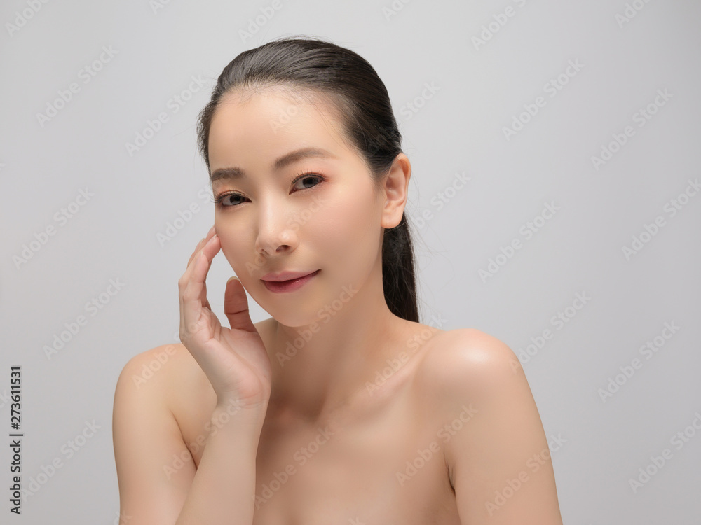 Beautiful young woman asian with clean perfect skin. Portrait model natural make up. Spa, skincare and health wellness Beautiful young woman asian with clean perfect skin. Portrait model natural make up. Spa, skincare and health wellness