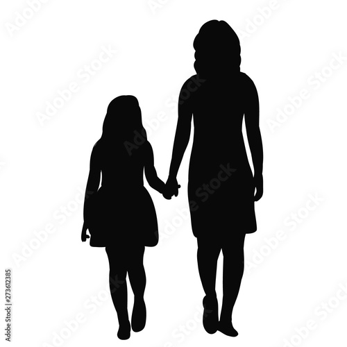 vector, isolated, black silhouette mom and daughter, family