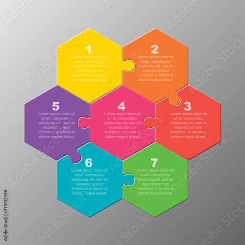 Seven pieces puzzle jigsaw hexagonal info graphic photo