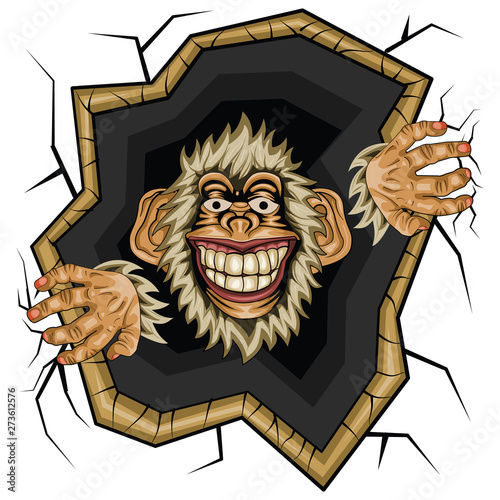 Vector illustration, funny Monkey chimpanzee Break the wall, on a white background