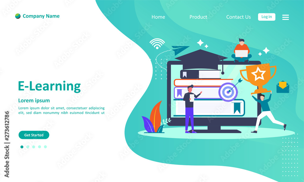 E Learning concept. Online courses for distance education with people character.  Suitable for web landing page, ui, mobile app, banner template. Vector Illustration 