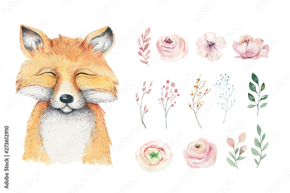 Watercolor forest cartoon isolated cute baby fox, animal with flowers. Nursery woodland illustration. Bohemian boho drawing for nursery poster, pattern - obrazy, fototapety, plakaty 
