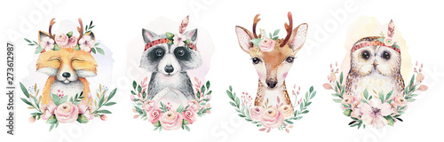 Fotografering Watercolor set of forest cartoon isolated cute baby fox, deer, raccoon and owl animal with flowers