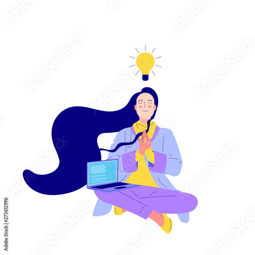Flat style girl with long hair sitting crossed legged with prayer gesture