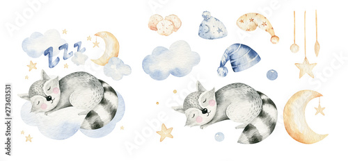 Cute dreaming raccoon animal hand drawn watercolor illustration. Sleeping charecher kids nursery wear fashion design, baby shower invitation card. photo