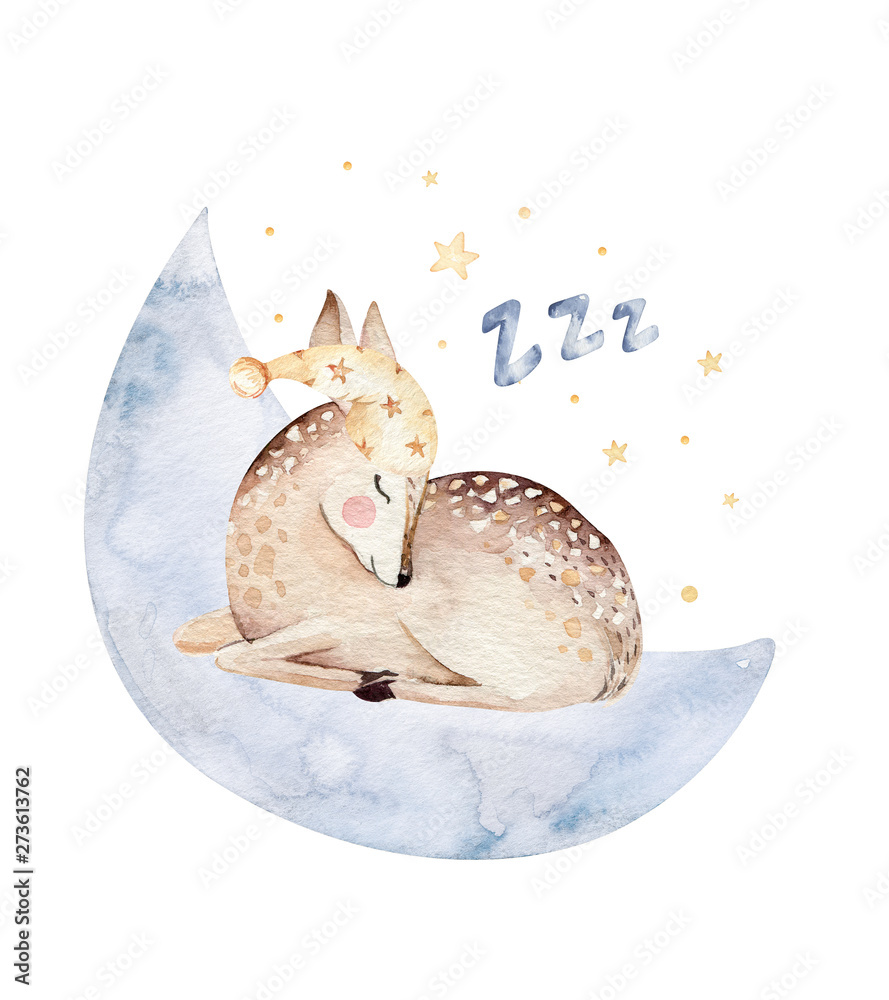 Obraz Cute dreaming kreskówka jelenia ręcznie rysowane akwarela ilustracja. Sleeping charecher dzieci nosić projektowanie mody, baby shower zaproszenia.