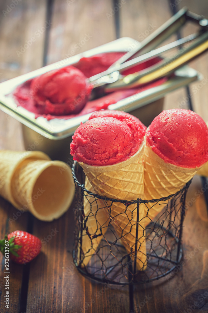 Delicious Homemade Strawberry Ice Cream in a Cone