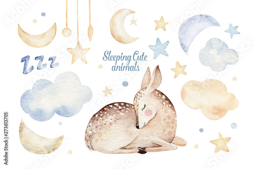 Cute dreaming cartoon deer animal hand drawn watercolor illustration. Sleeping charecher kids nursery wear fashion design, baby shower invitation card. photo