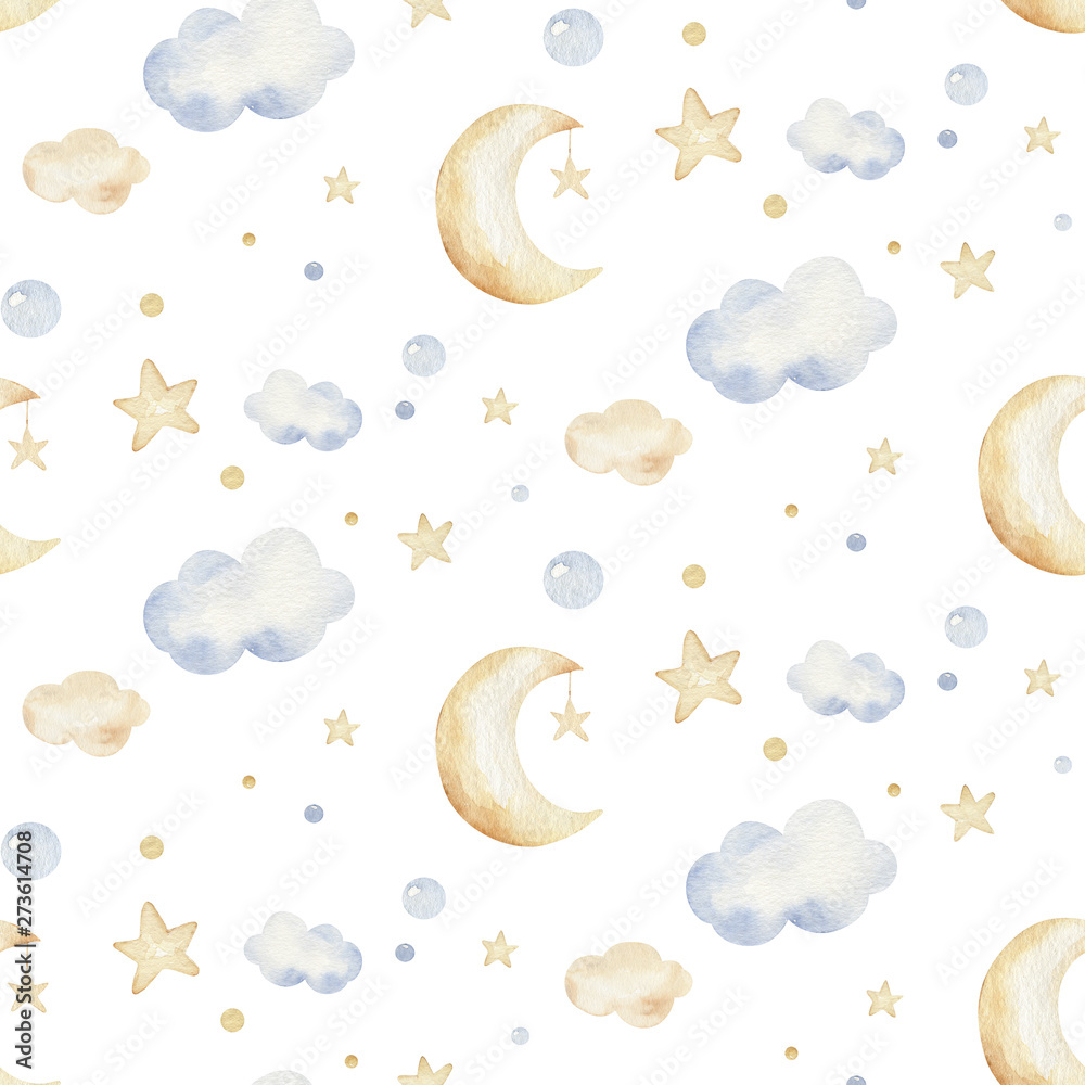 Pastel clouds, stars and moons