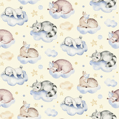 Fototapete Rehkitz-Muster Schlummernde Cartoontiere Aquarell Babyzimmer  © kris_art