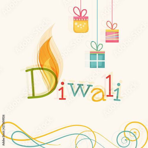 Happy deepawali with flame floral design and gift.