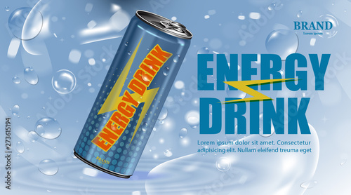 Fresh energy drink in can with bubble and water background, Package and  Energy drink product poster