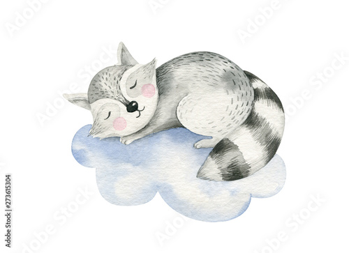 Cute dreaming cartoon cartoon animal hand drawn watercolor illustration. Sleeping charecher kids nursery wear fashion design, baby shower invitation card. photo