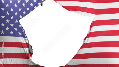 Cracked United States of America flag, white background, 3d rendering
