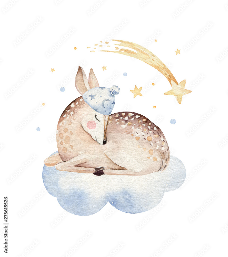 Obraz Cute dreaming cartoon deer animal hand drawn watercolor illustration. Sleeping charecher kids nursery wear fashion design, baby shower invitation card.