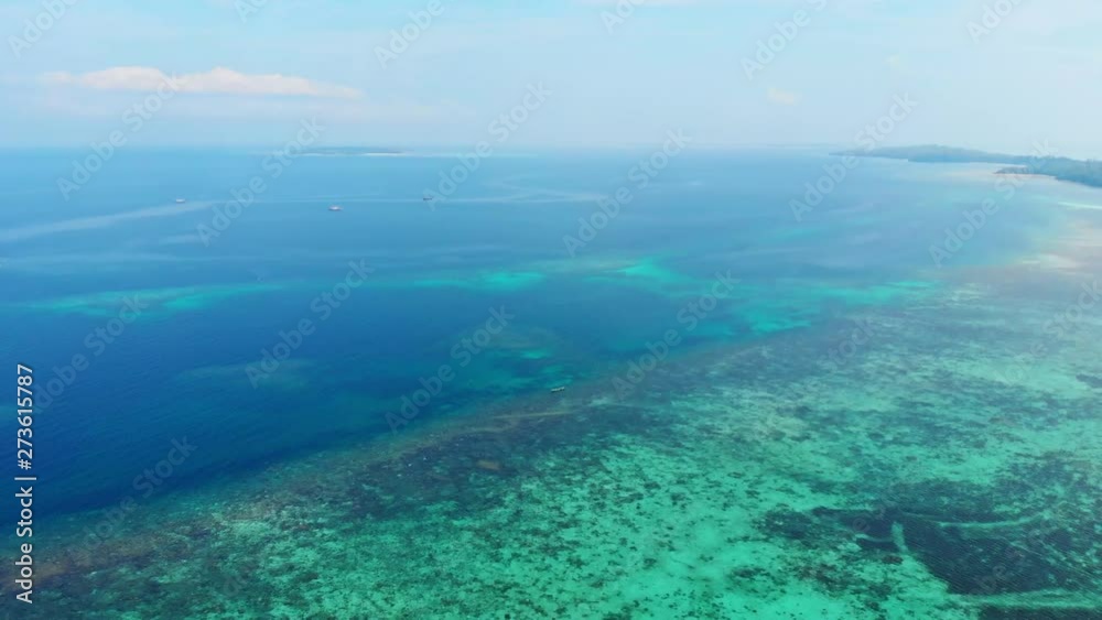 Aerial drone: uncontaminated coastline tropical beach caribbean sea coral reef palm tree woodland in the Kei Islands Maluku Indonesia at sunset scenic travel destination Aerial drone: uncontaminated coastline tropical beach caribbean sea coral reef palm tree woodland in the Kei Islands Maluku Indonesia at sunset scenic travel destination